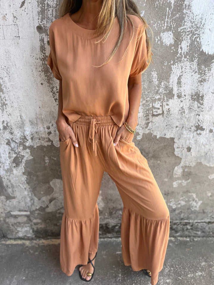 Women’s Two-Piece Suit Set – Cotton Linen – Relaxed Fit – Short Sleeve – Wide Leg Pants