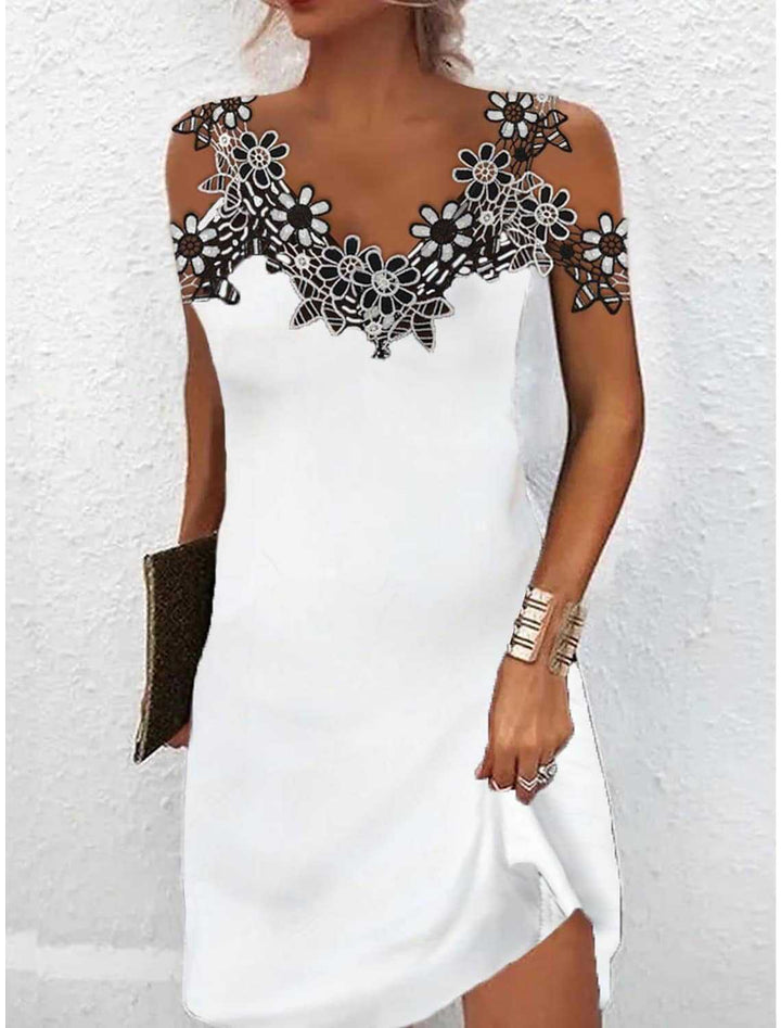 Women’s Mini Dress - Slim Fit - Embroidered Lace V-Neck - Sleeveless Luxury Fabric
