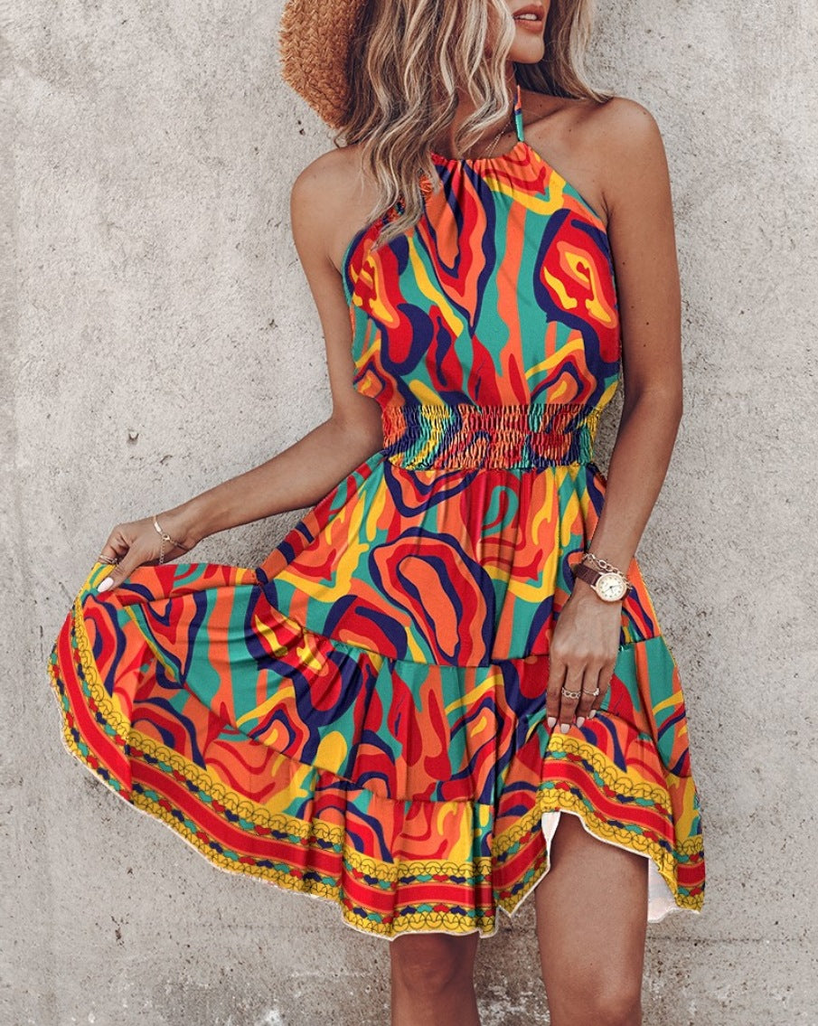 Women’s Halter Neck Dress – Flowy Fit – Smocked Waist – Cotton Blend – Midi Length
