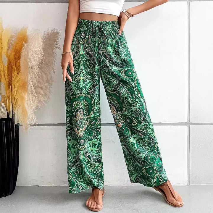 Women’s Wide-Leg Pants – Relaxed Fit – Elastic Waist – Breathable Blend – Boho Print