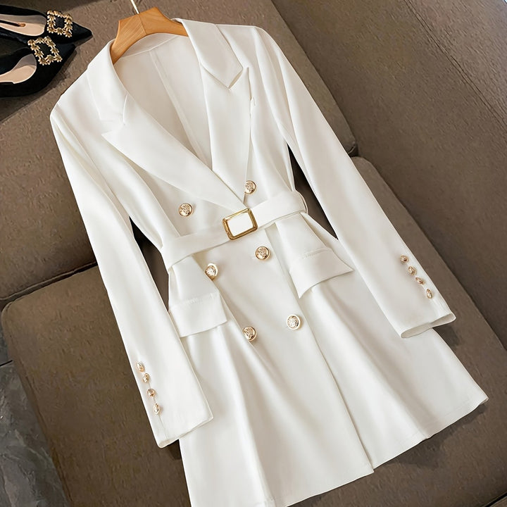 Women’s Blazer Dress – Tailored Fit – Notched Lapel – Belted Waist – Double Breasted