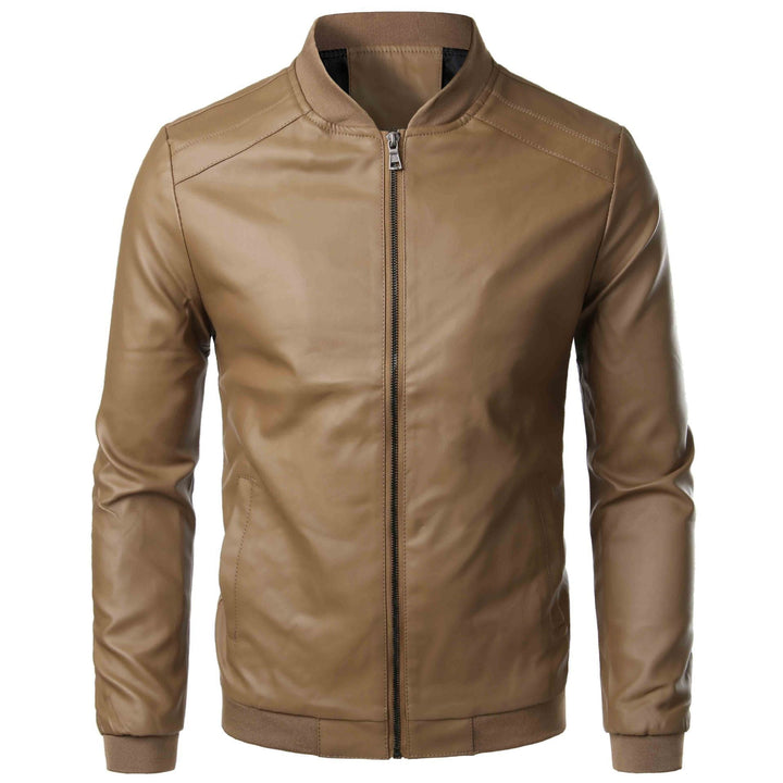Men’s Leather Jacket - Slim Fit - Stand Collar - Zipper Front - Ribbed Cuffs