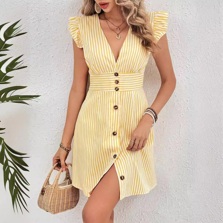 Women’s Dress – V-Neck A-Line – Ruffle Sleeves – Button Front – Cinched Waist Casual Fit