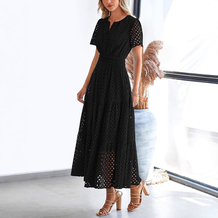 Women’s Fit and Flare Dress - Broderie Anglaise - V-Neck - Short Sleeve - Tiered Hem