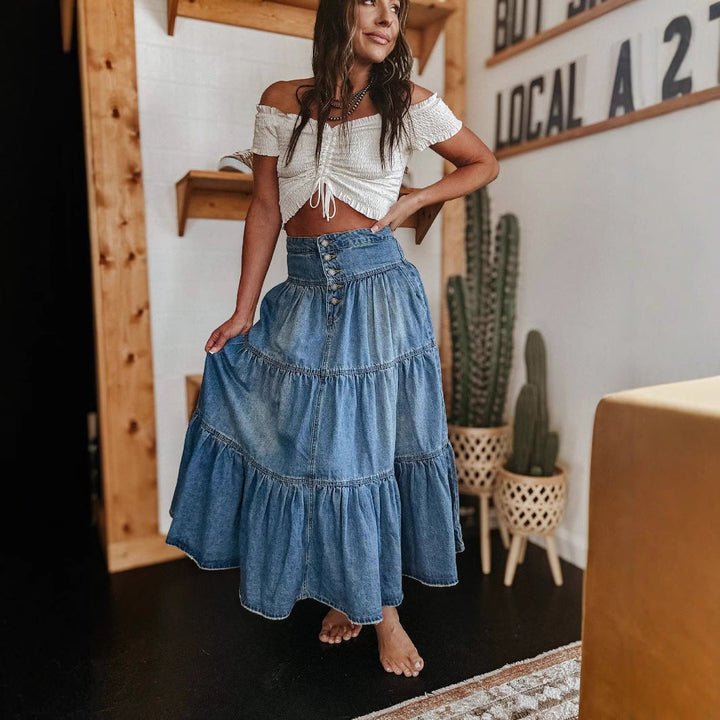 Women’s Denim Skirt - A-Line Fit - Tiered Design - Button Front - Casual Style
