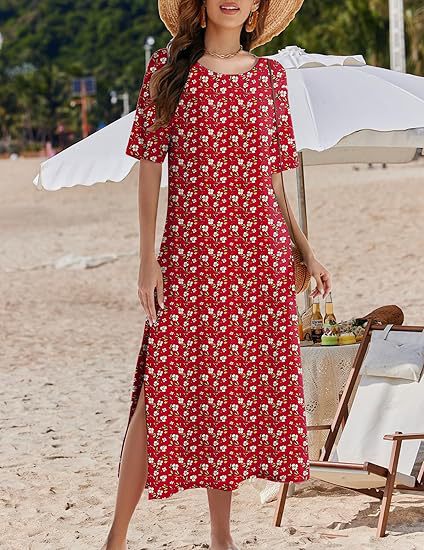 Women’s Maxi Dress – Relaxed Fit – Floral Print – Side Slits – Breathable Blend