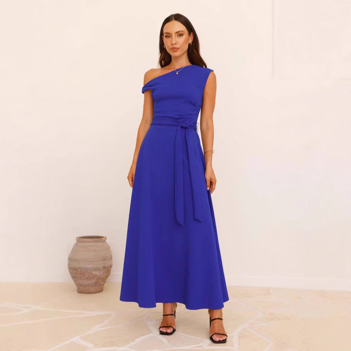 Women’s Maxi Dress – One-Shoulder Neckline – Waist Belt – A-Line Silhouette – Elegant Fit