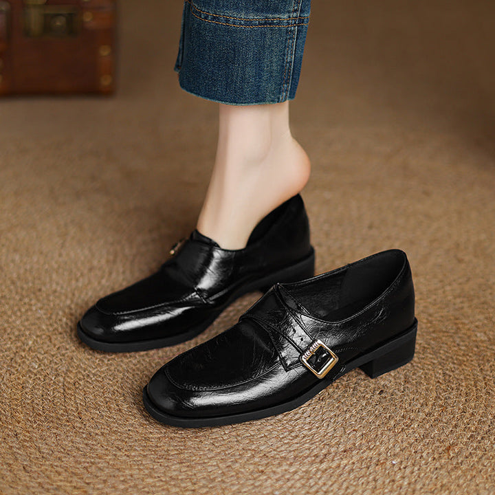 Women’s Loafers - Textured Faux Leather - Buckle Strap - Low Heel - Classic Fit