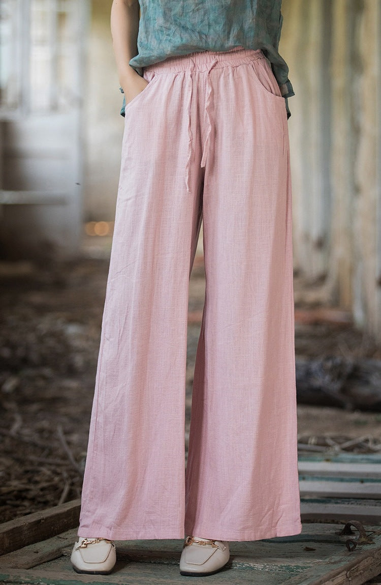 Women’s Wide-Leg Pants – Linen Blend – Relaxed Fit – Elastic Drawstring Waist – With Pockets
