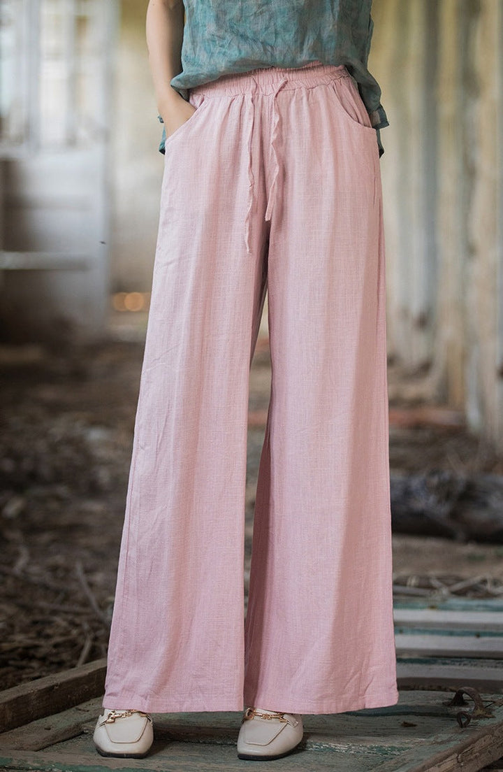 Women’s Wide-Leg Pants – Linen Blend – Relaxed Fit – Elastic Drawstring Waist – With Pockets