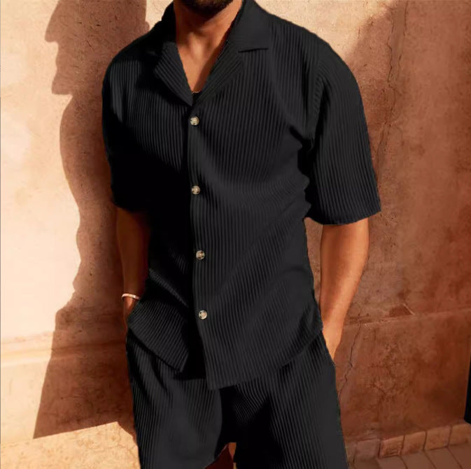 Men’s Casual Set – Relaxed Fit Button-Up Shirt & Shorts – Soft Textured Fabric