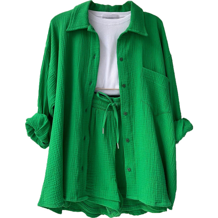 Women’s Two-Piece Set – Relaxed Crinkled Shirt – High-Waisted Drawstring Shorts