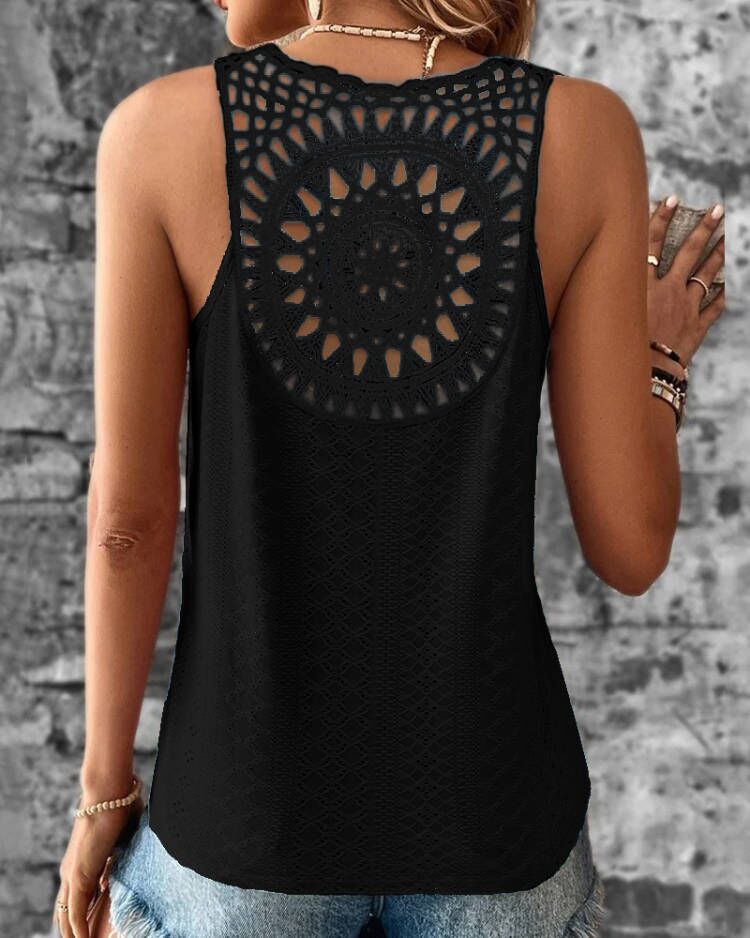 Women’s Sleeveless Top – Relaxed Fit – V-Neck – Crochet Detail – Cotton