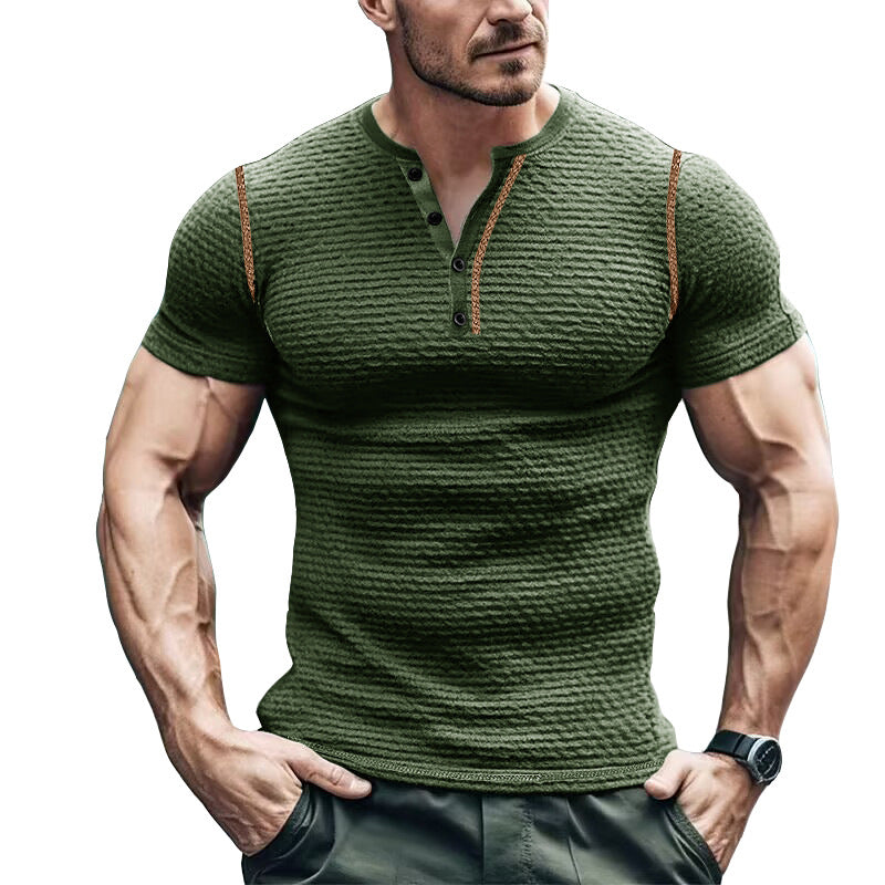 Men’s Henley T-Shirt – Slim Fit – Waffle Knit – Short Sleeve – Casual Wear