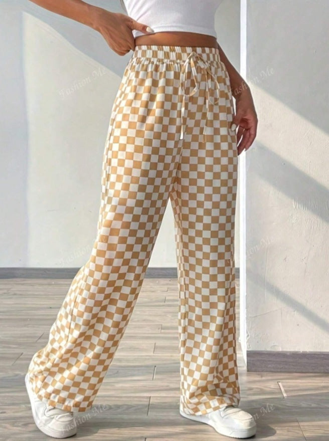 Women’s Wide-Leg Pants – Checkered Pattern – Relaxed Fit – Elastic Waist – Lightweight Cotton