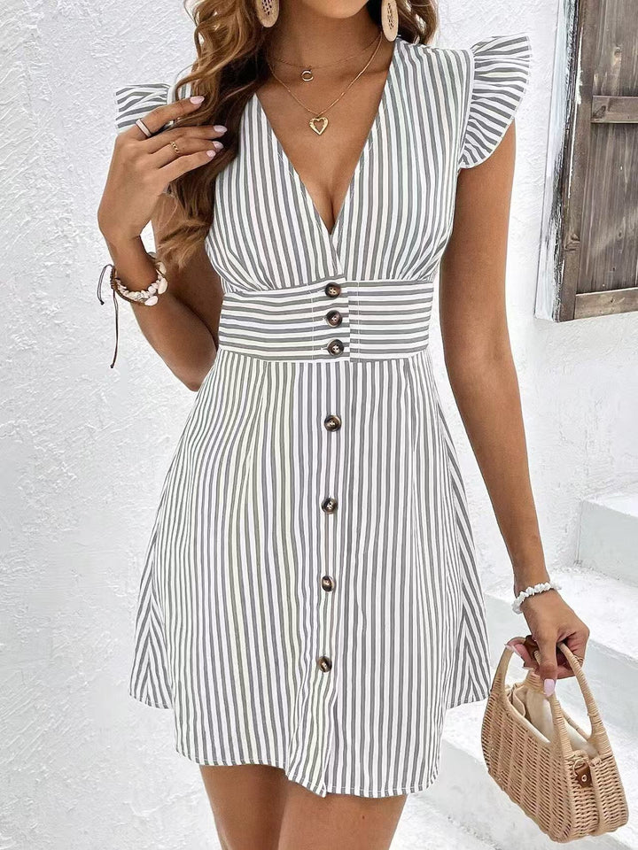 Women’s Dress – V-Neck A-Line – Ruffle Sleeves – Button Front – Cinched Waist Casual Fit