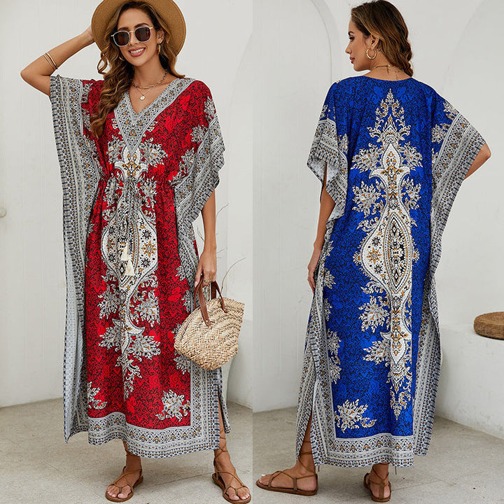 Women’s Maxi Dress – Flowing Fit – V-Neck – Short Wide Sleeves – Ornate Pattern – Breathable Fabric