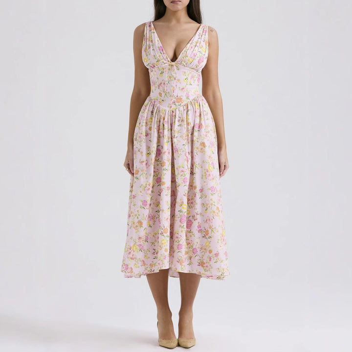 Women’s A-Line Dress – V-Neck – Lightweight Fabric – Midi Length – Floral Print