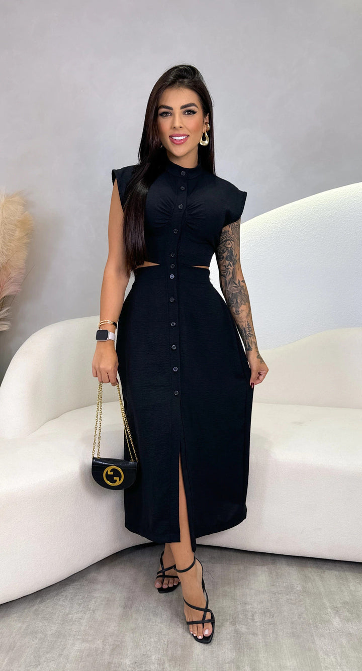 Women’s Midi Dress – Sleeveless – Fitted Bodice – Side Cut-Outs – Button-Down Front