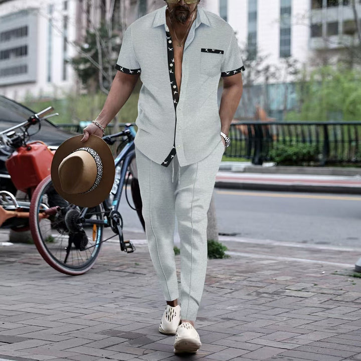 Men’s Two-Piece Set – Cotton – Relaxed Fit – Short Sleeve Shirt & Straight-Leg Pants