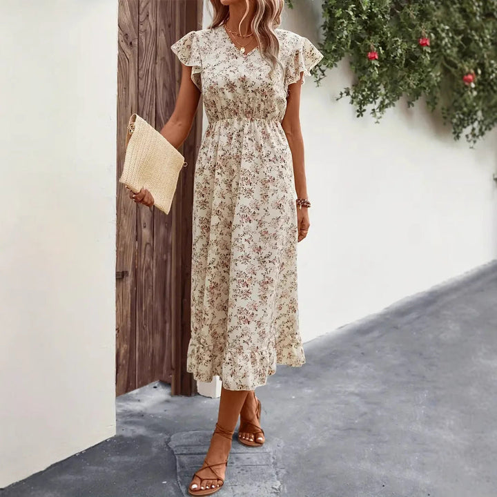 Women’s Midi Dress – V-Neck – Flutter Sleeve – Cinched Waist – Ruffled Hem – Relaxed Fit