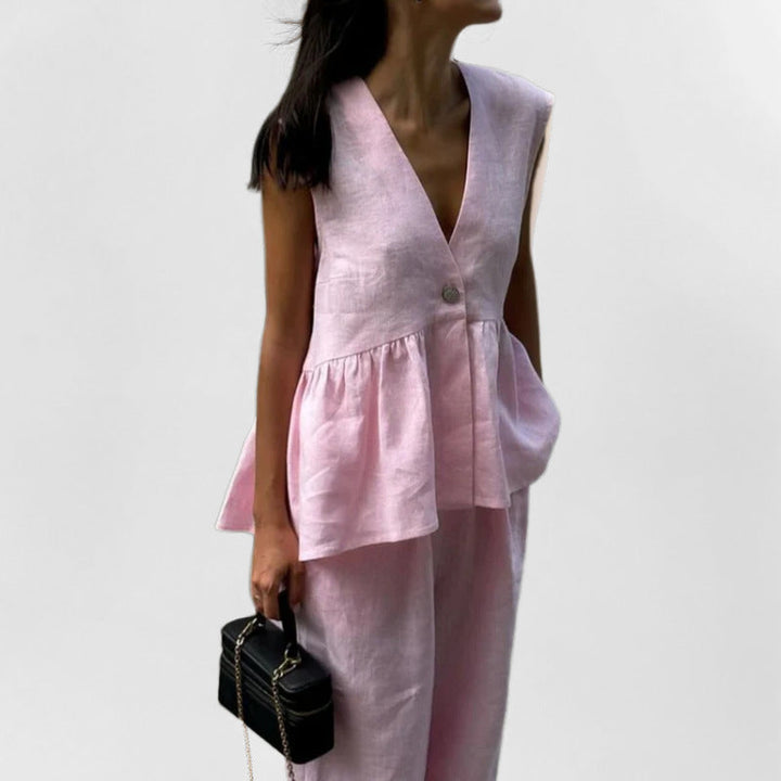 Women's Two-Piece Set - Peplum Sleeveless V-Neck Top - Button Closure - High-Waist Wide-Leg Pants
