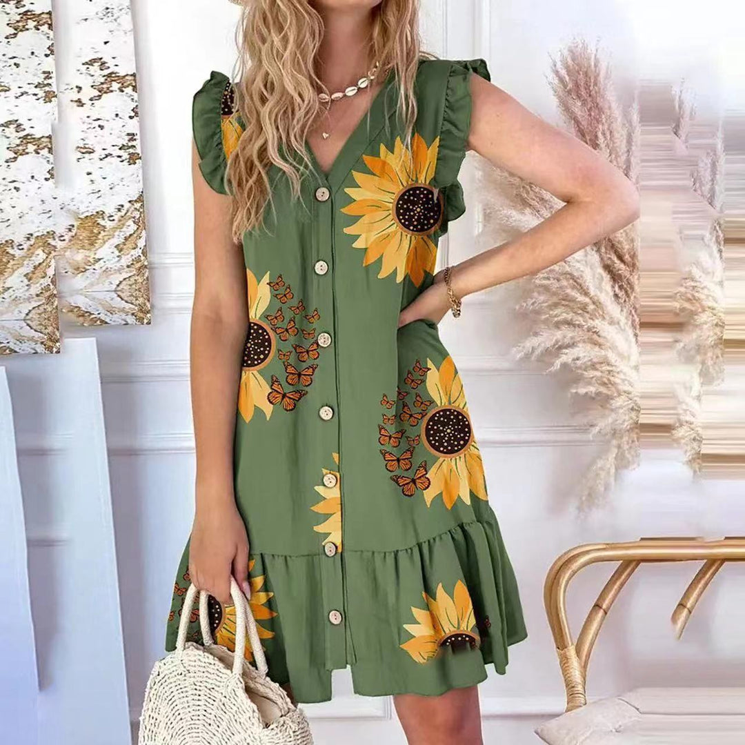 Women’s A-Line Dress – Floral Print – V-Neck – Sleeveless Ruffle – Button-Up Front