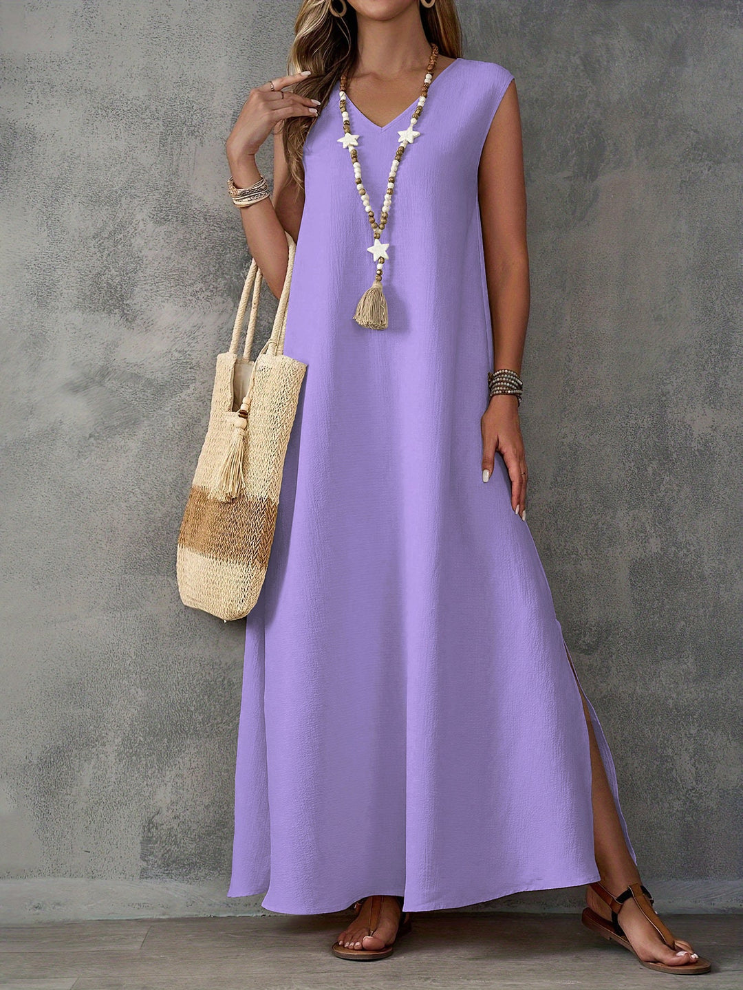 Women’s Maxi Dress – Flowing Fit – V-Neck – Sleeveless – Side Slits – Cotton