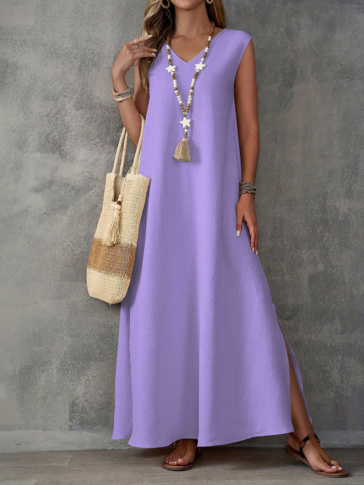 Women’s Maxi Dress – Flowing Fit – V-Neck – Sleeveless – Side Slits – Cotton