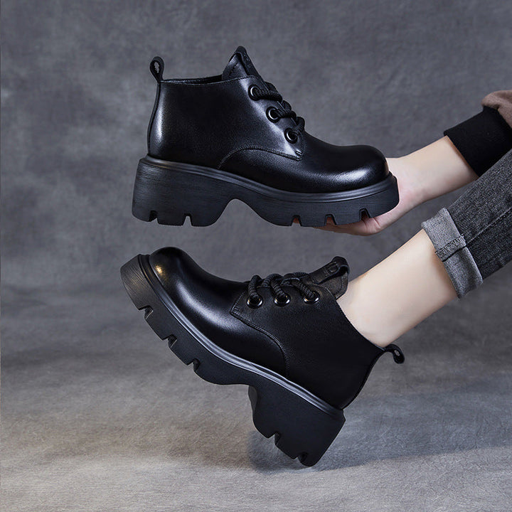 Women’s Ankle Boots – Genuine Leather – High-Top – Chunky Sole – Lace-Up Casual Style