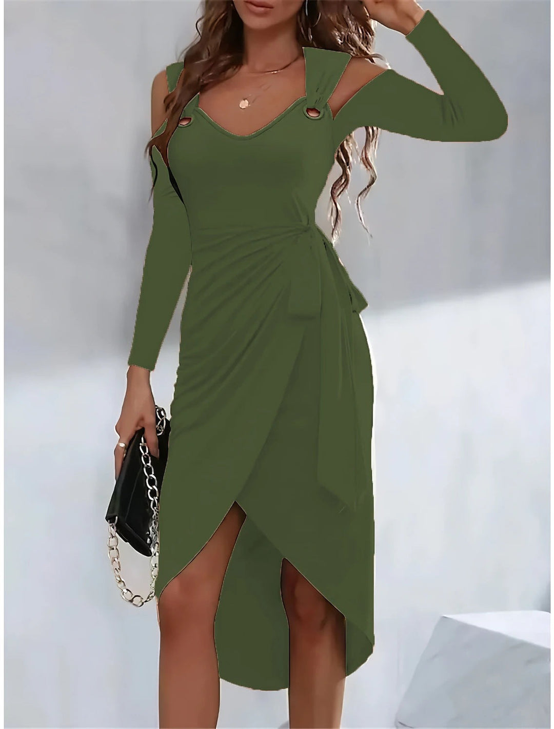Women’s Wrap Dress – Slim Fit – V-Neck – Waist Tie – Shoulder Cut-Out – Asymmetric Hem