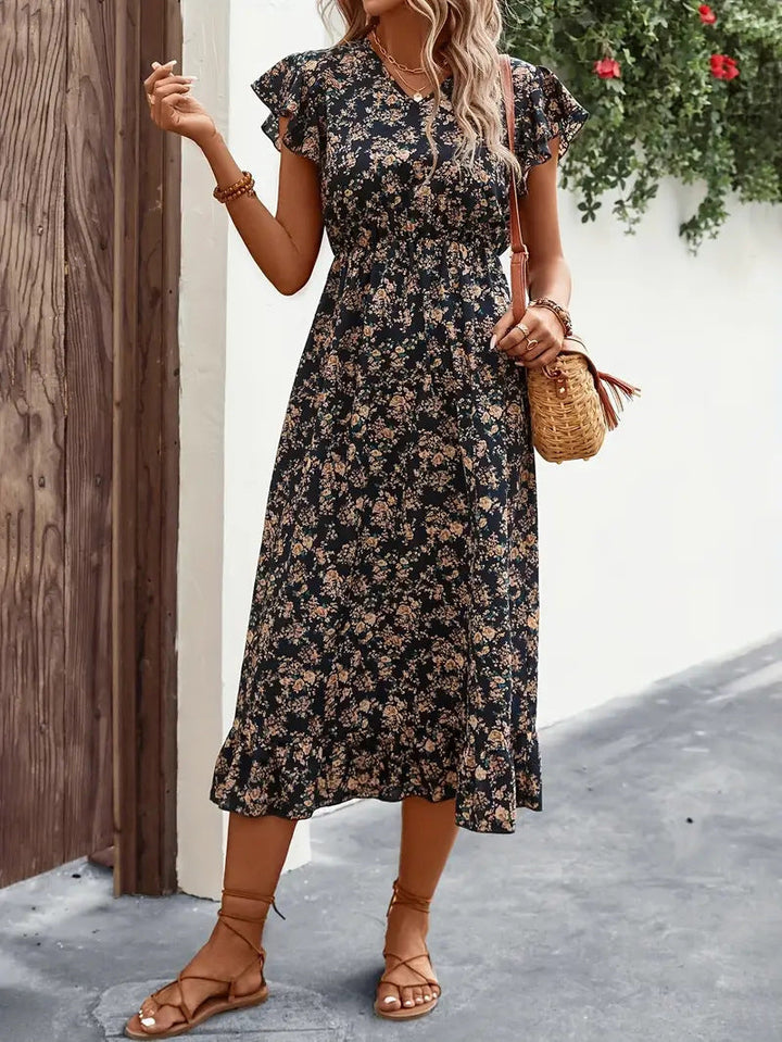 Women’s Midi Dress – V-Neck – Flutter Sleeve – Cinched Waist – Ruffled Hem – Relaxed Fit