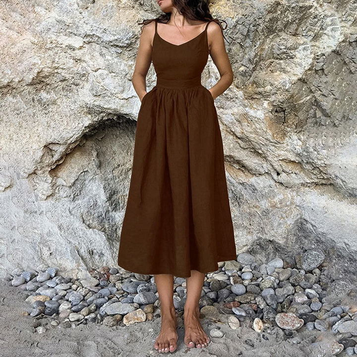 Women’s One-Shoulder Dress – Asymmetrical Neckline – Tie Strap – High Slit – Flowy Fit