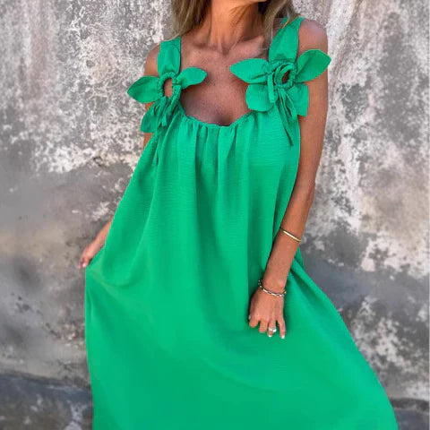 Women’s Maxi Dress – Relaxed Fit – Flowing Silhouette – Floral Shoulder Accents – Breathable Blend