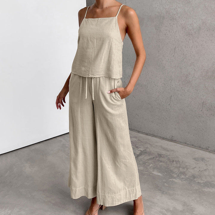 Women’s Jumpsuit - Lightweight Cotton Linen - Relaxed Fit - Spaghetti Straps - Drawstring Waist