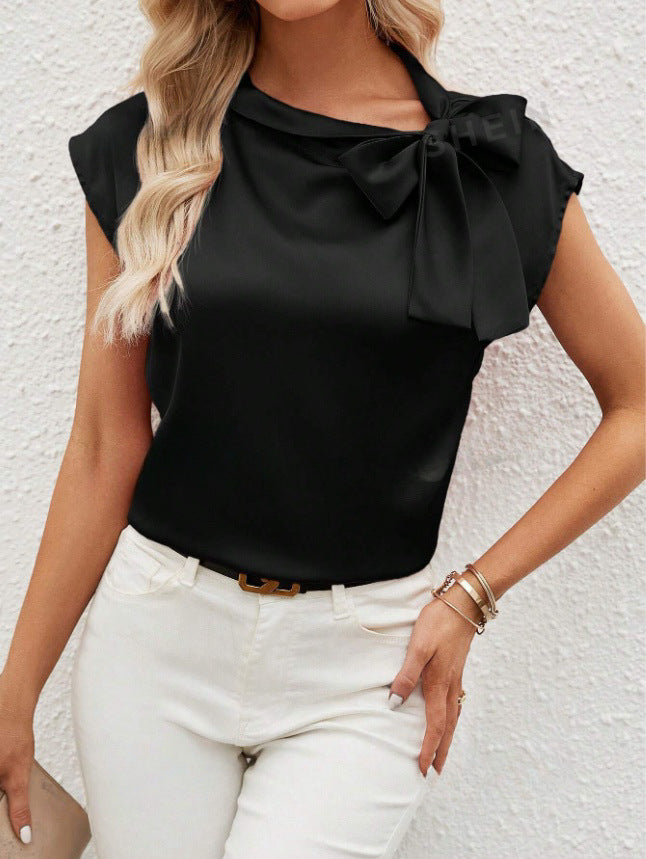 Women’s Blouse – Relaxed Fit – Satin-inspired material blend – Bow Neck – Cap Sleeve – Half Collar