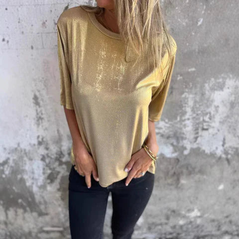 Women’s Blouse – Relaxed Fit – Shimmer Finish – Lightweight Draped Fabric – Short Sleeve