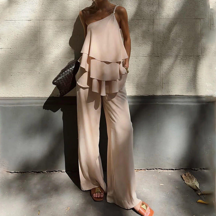 Women's Two-Piece Set - Asymmetrical Ruffle Top - Wide-Leg Trousers - Relaxed Fit
