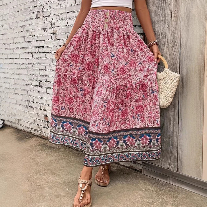 Women’s Maxi Skirt - Boho Style - Elastic Waist - Flowy Lightweight Cotton - Floral Pattern
