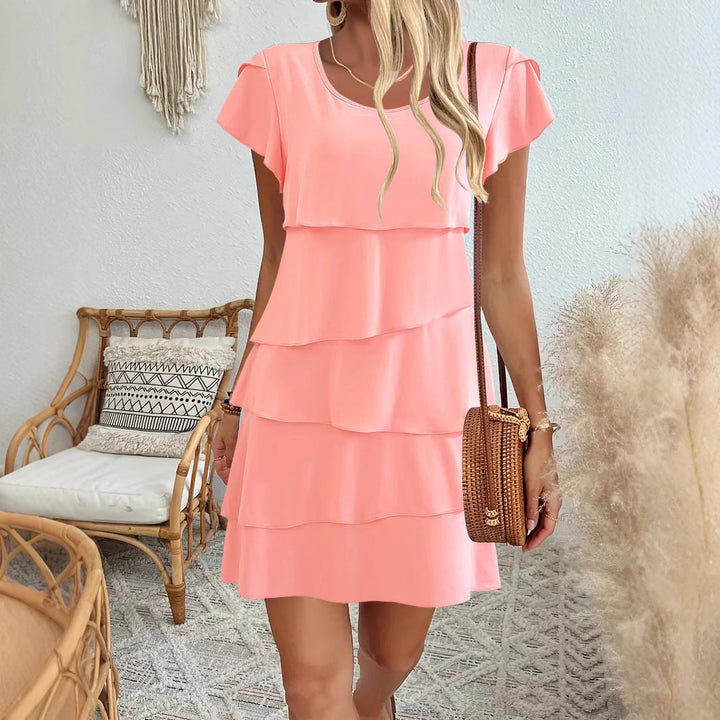 Women’s Tiered Dress – Relaxed Fit – A-Line Silhouette – Short Sleeve Breathable Blend