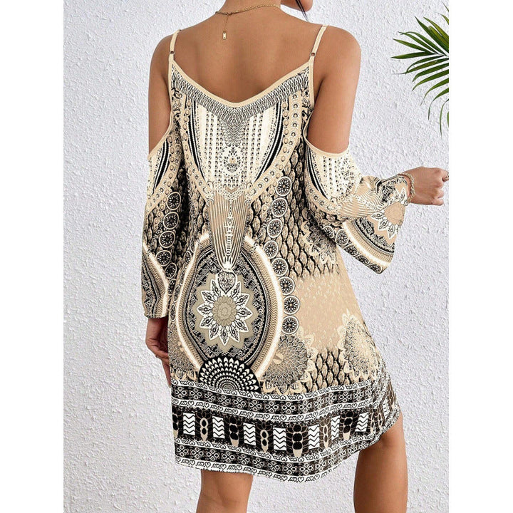 Women’s Off-Shoulder Dress – Flowing Fit – Cotton Blend – Bell Sleeve – Mixed Pattern