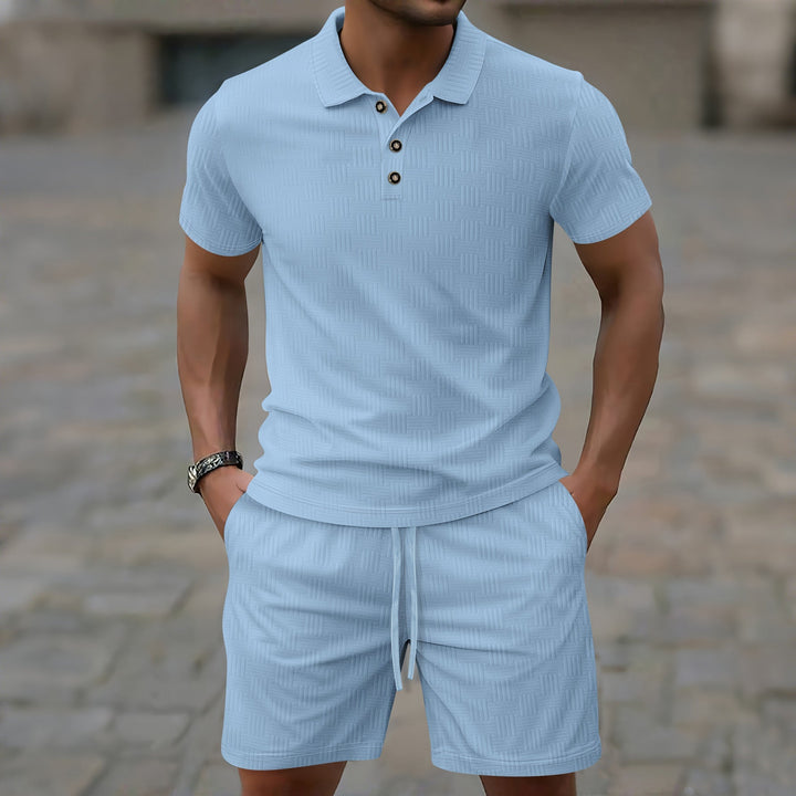 Men’s Casual Set – Short-Sleeve T-Shirt – Slim Fit – Textured Fabric – Button Placket – Collared Neckline