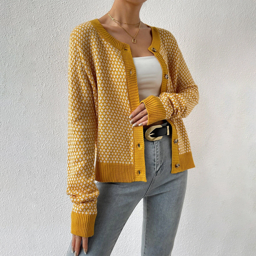Women’s Cardigan - Wool Blend Knit - Button Front - Geometric Pattern - Ribbed Trim