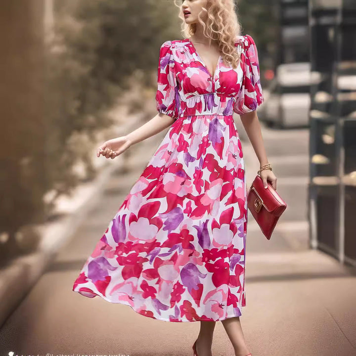 Women’s Midi Dress – Fitted Waist – V-Neck – Puff Sleeves – Breathable Blend – A-Line Fit