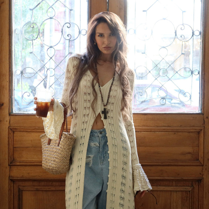 Women’s Long Cardigan - Lightweight Knit - Oversized Fit - Ruffle Hem - Flared Sleeves
