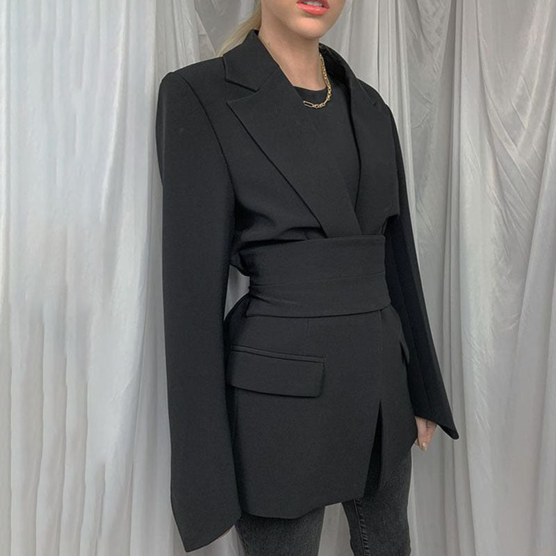 Women’s Blazer - Tailored Longline Fit - Self-Tie Waist - Notched Lapel - Flap Pockets