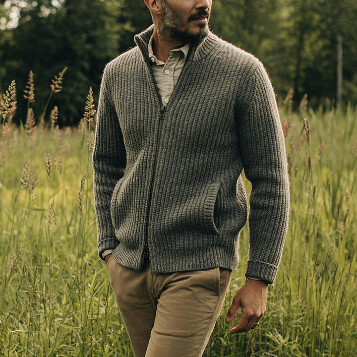 Men’s Zip-Up Cardigan Sweater - Regular Fit - Stand Collar with Pockets