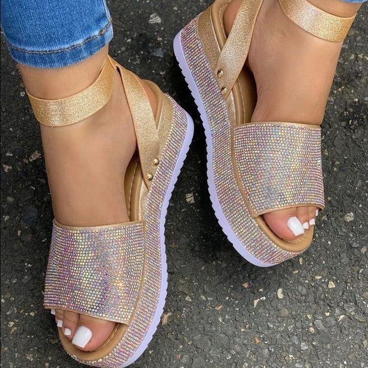 Women’s Platform Sandals – Rhinestone Straps – Chunky Sole – Open Toe – Buckle Closure