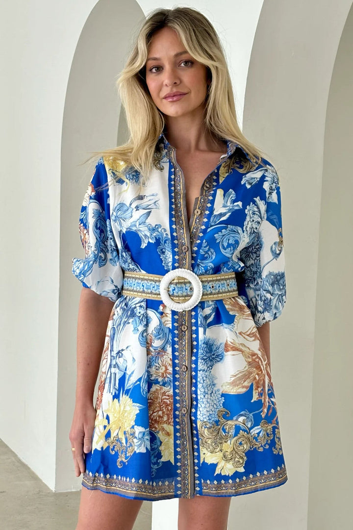 Women’s Fit and Flare Dress – V-Neck – Puff Sleeve – Button Front – Belted Waist