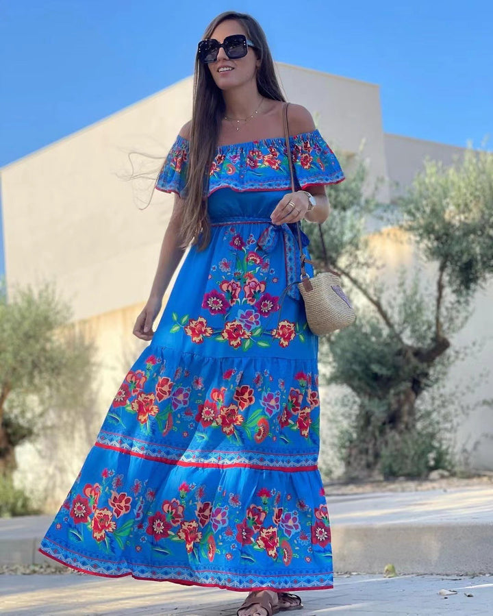 Women’s Maxi Dress – Off-Shoulder Ruffle Neckline – Tiered Skirt – Belted Fit – Breathable Blend